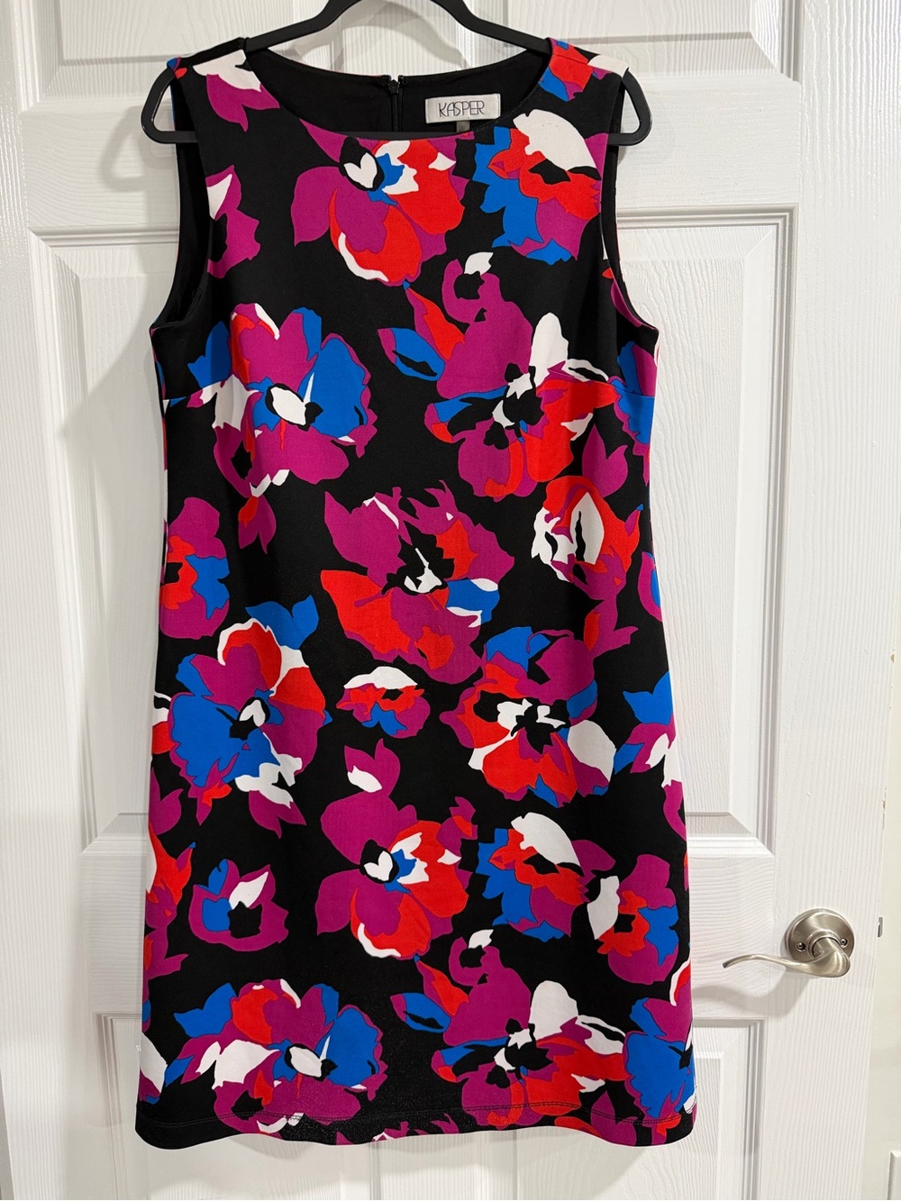 Kasper Black Floral Shift Dress with Pink Red Blue & White Blooms